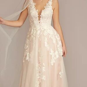 Oleg Cassini Tan Plunge Sleeveless Wedding Gown